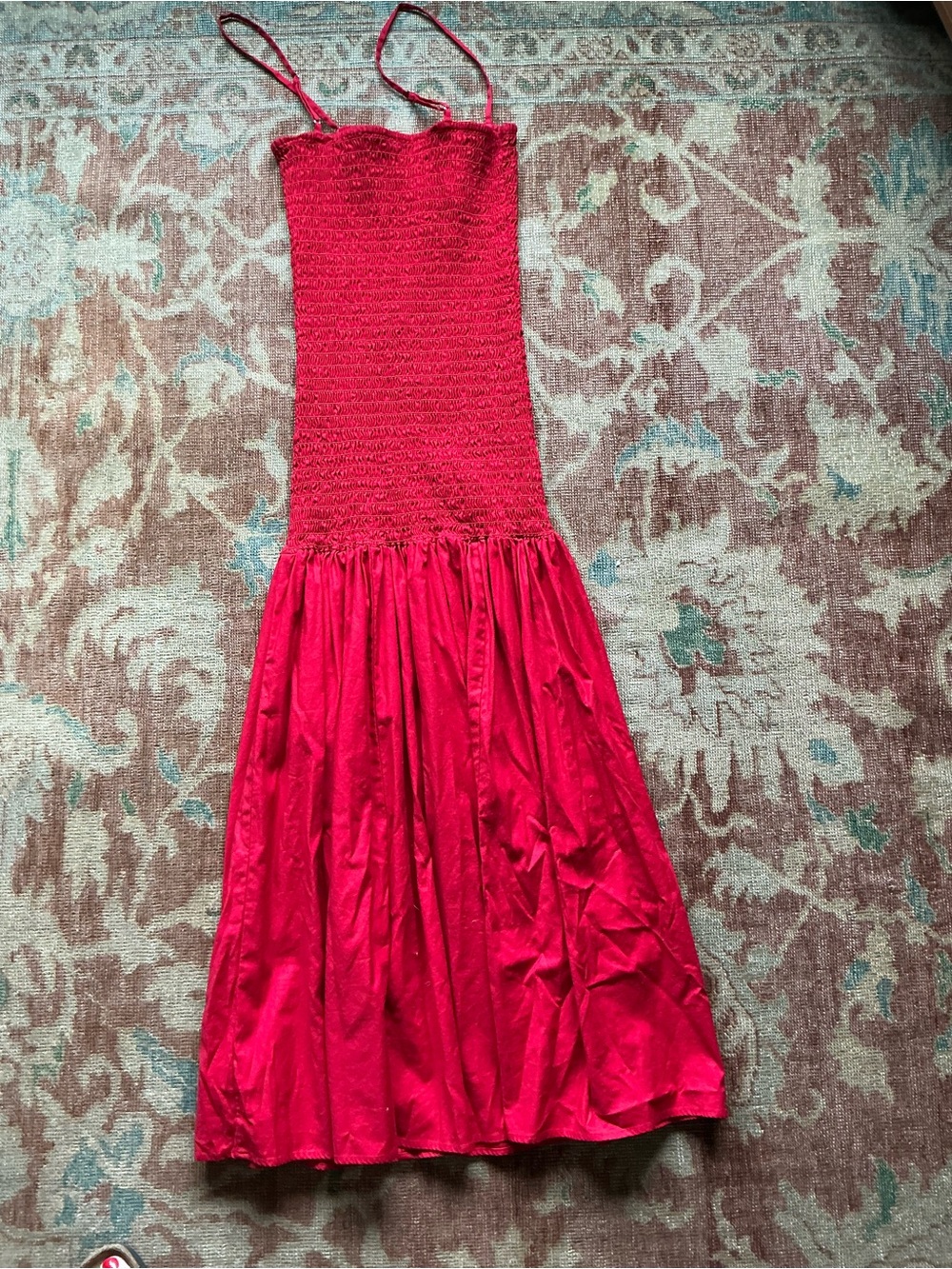 Reformation Red Smocked Midi Dress with Spaghetti Straps - Picture 2 of 5